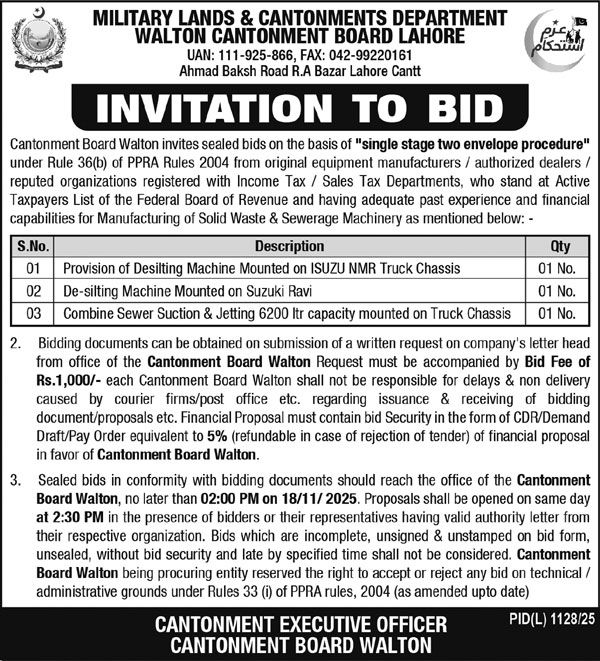 Military Lands & Cantonment Department Lahore Tender Notice